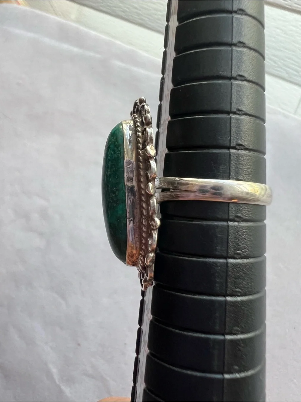 Artisan Signed Silver Ring with Teal-Green Oval Stone